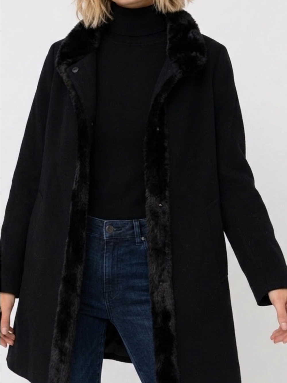 Ellen Tracy Black Faux-Fur Trim Peacoat